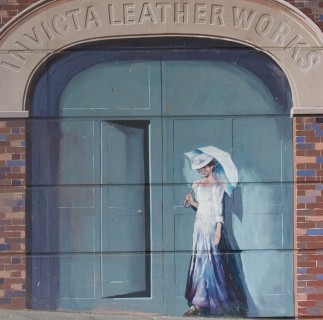 The entrance to the Invicta Leather Works as seen on the mural | Mural by Fred Fieber and Anthony Woodward, photo by John Palmer