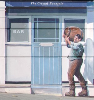 A more detailed view of Trunky the Barrel Snatcher outside the Crystal Fountain | Mural by Fred Fieber and Anthony Woodward, photo by John Palmer