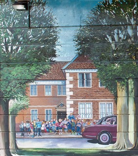 The first scene of the Jubilee Mural showing the Queen's visit to Salisbury in April 2012 | Mural by Fred Fieber and Anthony Woodward, photo by Peter Marsh