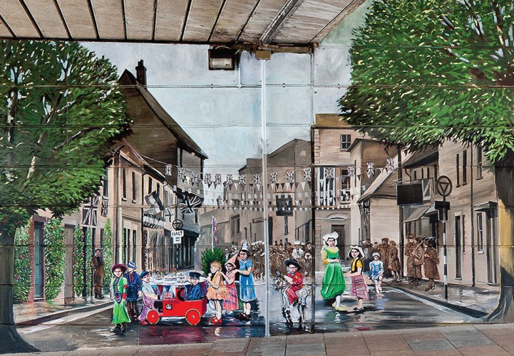 The third scene in the Jubilee Mural, showing celebrations in Pennyfarthing Street | Mural by Fred Fieber and Anthony Woodward, photo by Peter Marsh