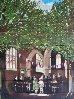 The fourth scene in the Jubilee Mural, showing people watching the Coronation on a television in St. Edmund's Church | Mural by Fred Fieber and Anthony Woodward, photo by Peter Marsh