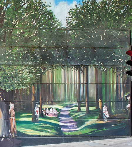 Scene 5 in the Jubilee Mural, showing celebrations in the woods | Mural by Fred Fieber, photo by Peter Marsh