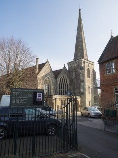 This picture shows St. Martin's Church and the entrance to the churchyard where cars are now allowed to park. The corner of St. Martin's Infant School can be seen on the right. | Photo John Palmer 2014