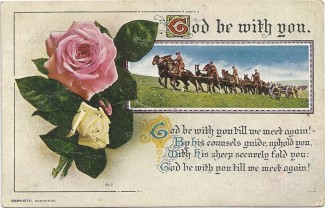 This is a typical example of the religious and patriotic postcards sent to soldiers in the First World War. However, conditions on the battlefields of France and Belgium were very different from the pastoral scene on the front! | Postcard from the Jacob family's collection