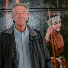 Richard Webb at the official opening of the Jubilee Mural, next to the image of him dressed as Friar Tuck | Anna Tooth
