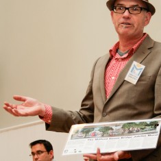 Principal mural artist Fred Fieber talks about the Jubilee Mural at the celebration of its openng at Salisbury Guildhall | Anna Tooth