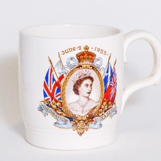 A mug celebrating the 1953 Coronation was given to each child in Salisbury. My mother had to collect our mugs from a building in St. Thomas's Square that was next to Snell's café and chocolate shop. | Photograph taken by John Palmer