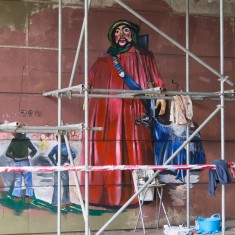 The Salisbury Giant, St.. Christopher, and his assistant Hobnob are coming to life in the Jubilee Mural | John Palmer