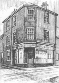 This drawing is of the Cyclists Rest, on the corner of Winchester Street and Guilder Lane - home to Eileen O'Leary as a young girl (see more about Eileen in the mural characters section) | Drawing by Fred Fieber