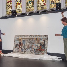 Joanna (mosaic artist) and Clare (project co-ordinator) unveil the mosaic | John Palmer