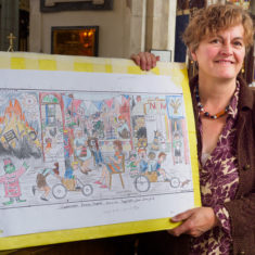 September 2017 -  mosaic designer Joanna Dewfall with her design for the Greencroft mosaic